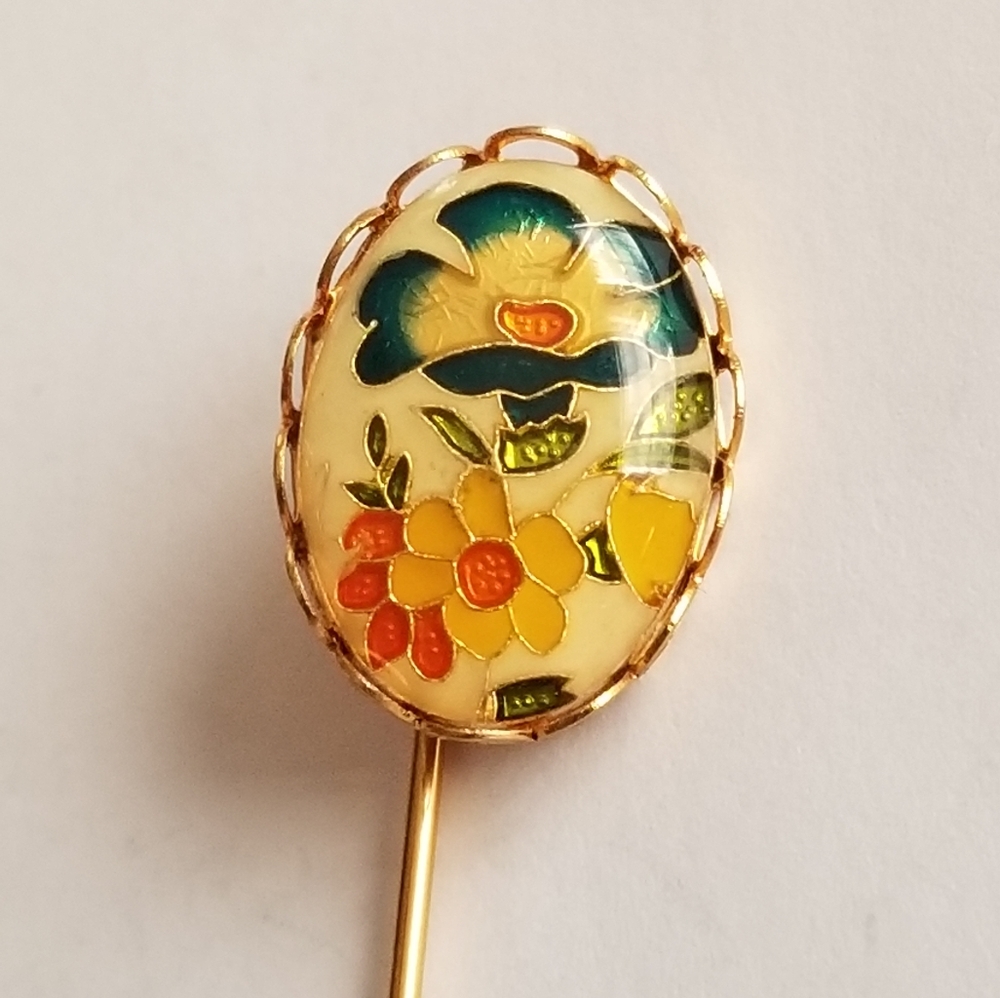Vintage floral stickpin stick pin cloisonne enamel cabochon gold tone lapel